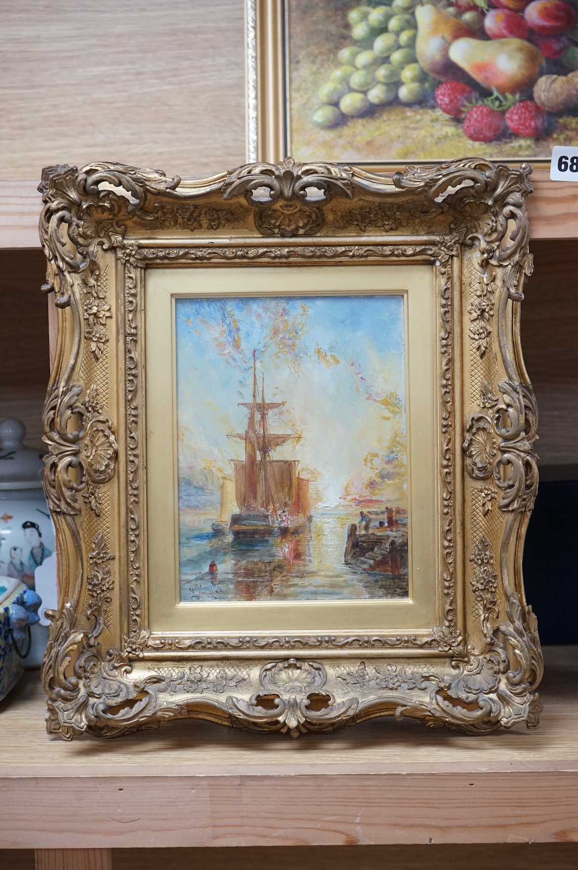 Early 20th century, impressionist, Harbour scene with ships, indistinctly signed lower left, oil on board, 19 x 14cm, ornate gilt frame